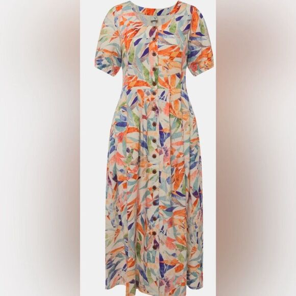 Ulla Popken Von Landen Watercolor Floral Button Front Dress 30 Linen wedding - Picture 3 of 14